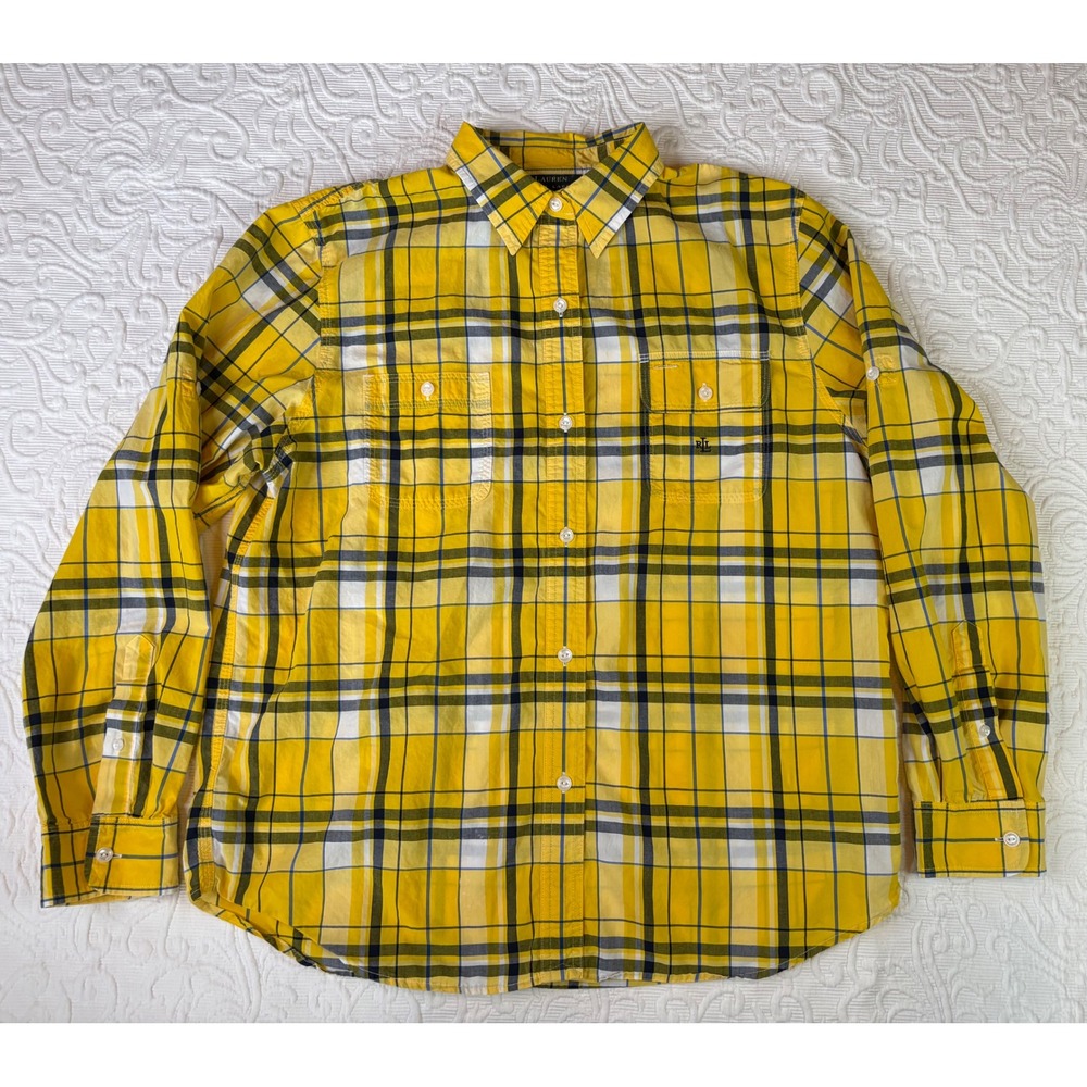 Lauren Ralph Lauren Kids Youth Yellow‎ Blue White Plaid Long Sleeve Shirt Size L